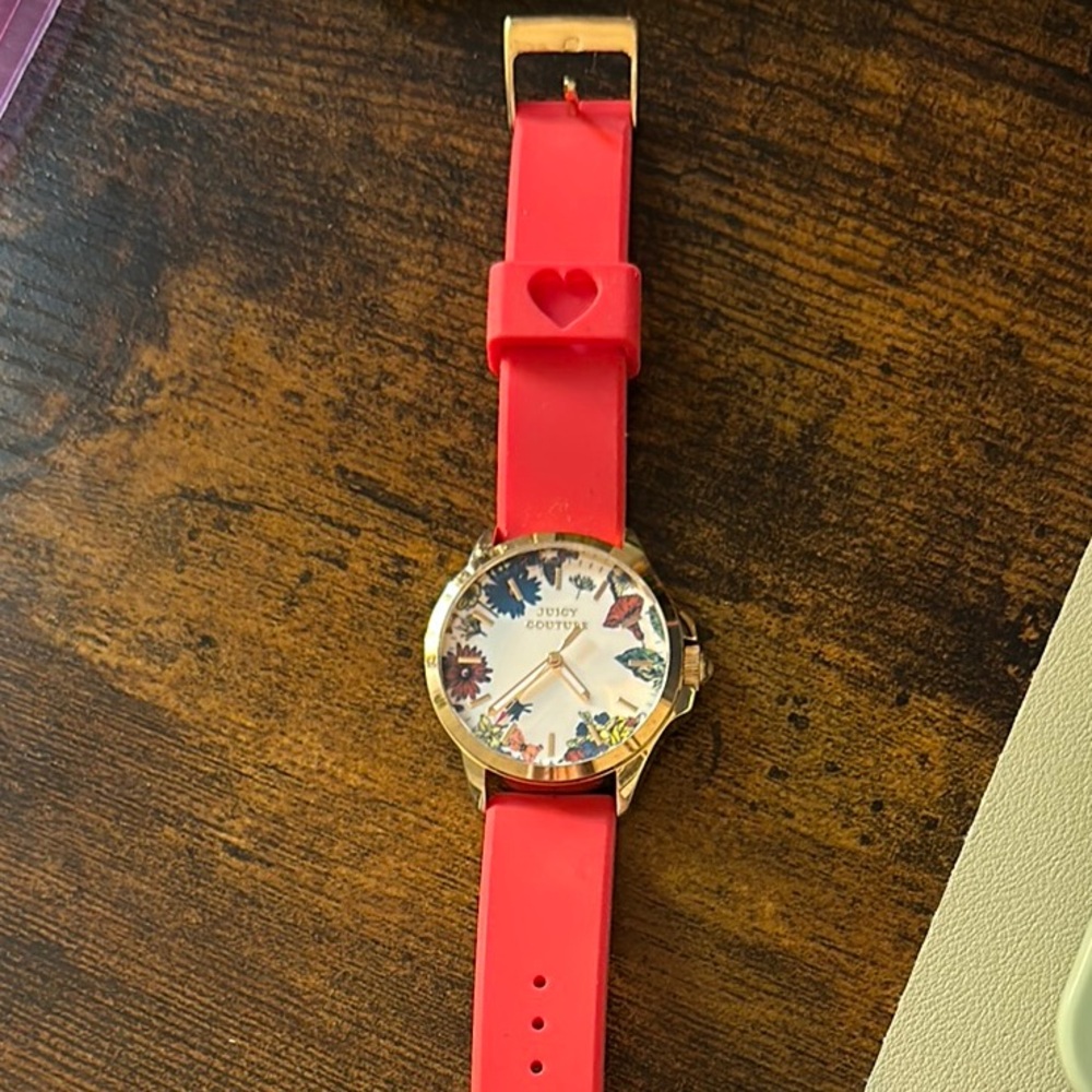 Juicy Couture Red Silicone Strap Watch with Heart Detail and flower face